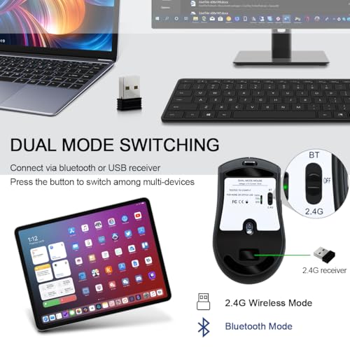 Bluetooth Wireless Mouse（BT5.2+USB 2.4G Receiver） Silent Quiet Clicks，Works with Dual Mode for Laptop/iPad/Tablet/Apple/Computer/Mac & Bluetooth Mouse 6 Buttons, (G301, Black) - style: G301