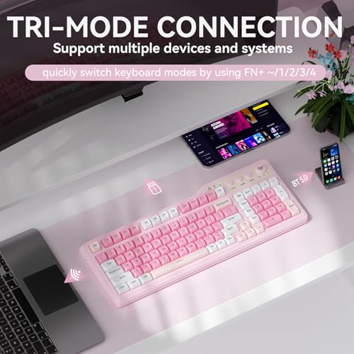 Aula F3099 Wireless Keyboard with Media Knob, Tri-Mode BT5.0/2.4GHz/USB-C Cute Creamy Keyboard with Number Pad, RGB Backlit Gaming Keyboard, Quiet Typing Pink Computer Keyboards for Office Laptop/PC - color: White & Pink