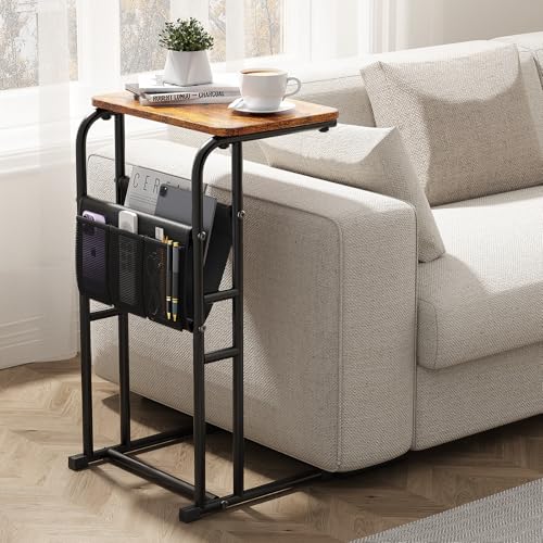 Olldide C-Shaped End Table with Storage Bag Rustic Brown | Detachable Design Side Table | Metal Frame Under Couch Table for Living Room, Bedroom, Bedside, Small Space - color: Rustic Brown, size: 29in height