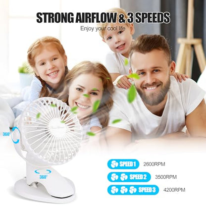 Portable Clip Fan Battery Operated,3 Speeds USB Rechargeable Mini Table Fan with Strong Airflow,360°Rotation Ultra Quiet Personal Desk Fan for Home Office Bedroom Dorm Stroller Camping(White) - color: White