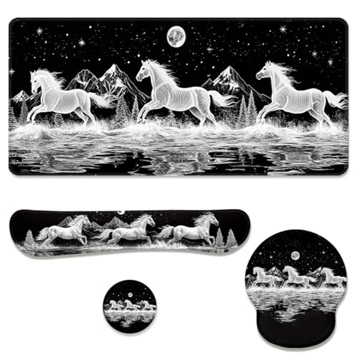 Wild Horses Desk Mat Set Black White Moon Mountain Mouse Pad with Wrist Rest 4in1 Desk Mat for Desktop Ergonomic Computer Desk Arm Wrist Anti-Slip Computer Ergonomic Mouse Pad Home Office Gaming - color: Wild Horses