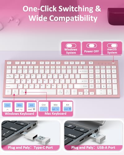 FENIFOX Wireless Silent Keyboard, Ultra Quiet USB C Low Profile Compact Full Size with Number Pad Flat Slim Thin Soft Touch for Mac Computer MacBook iMac PC Laptop Desktop Office (Pink Rose Gold) - color: Pink Rose Gold