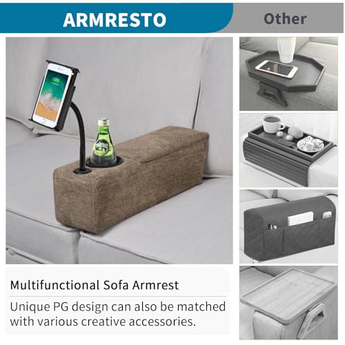 Multifunctional Sofa Armrest, Couch Armrest with Wireless Charge Stand, Removable Couch Caddy with Storage,Including LED Reading Light - color: Latte, size: Fabric-1 CUP