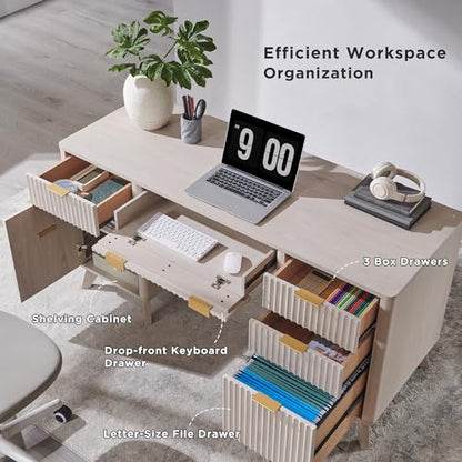 T4TREAM Fluted Executive Desk with Drawers, 60" Modern Home Office Computer Desk with Charging Station, File Cabinet, Keyboard Tray and Storage Cabinet for Study, Living Room, Bedroom, Alder White - color: Alder White