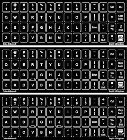 English US Self-Adheisive 3 Pack Keyboard Stickers Black Background Label Shortcut Decal for Computer Laptop