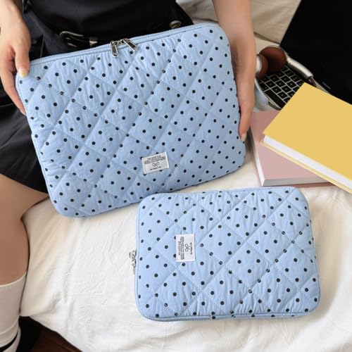 Cute Bow Puffy Laptop Sleeve 13-15 Inch Cute Quilted Laptop Protective Case Padded Bow Computer Sleeve for MacBook (Polka dots Blue, 13inch) - color: polka dots blue, size: 13inch