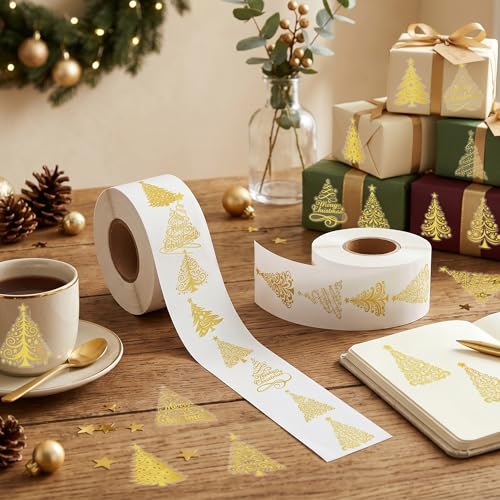 Foil Christmas Tree Stickers - 1000 Pcs Easy Peel Metallic Tree Waterproof Vinyl Reusable Laptop Self Adhesive Stickers Classroom Prizes Water Bottle Page Activity Pad Party Favors Skateboard - style: Gold Christmas Tree