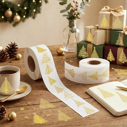 Foil Christmas Tree Stickers - 1000 Pcs Easy Peel Metallic Tree Waterproof Vinyl Reusable Laptop Self Adhesive Stickers Classroom Prizes Water Bottle Page Activity Pad Party Favors Skateboard - style: Gold Christmas Tree