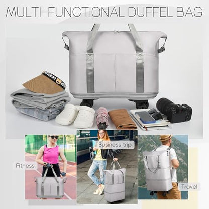VOOWO Duffel Bag with Wheels - Rolling Foldable Expandable Duffle Bags with Wheel for Travel, Rolling Luggage Carry On Travel Bag, Large Wheeled Overnight Weekender Bag (Gray) - color: Gray