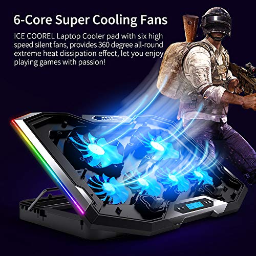 Gaming Laptop Cooling Pad 15-17.3 Inch, Laptop Fan with 6 RGB Cooling Fans, Laptop Cooling Stand with 6 Height Adjustable, Laptop Cooler with LCD Screen, 2 USB Ports, Phone Stand - size: 6 Fans