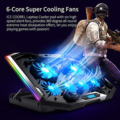 Gaming Laptop Cooling Pad 15-17.3 Inch, Laptop Fan with 6 RGB Cooling Fans, Laptop Cooling Stand with 6 Height Adjustable, Laptop Cooler with LCD Screen, 2 USB Ports, Phone Stand - size: 6 Fans
