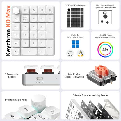 Keychron K0 Max QMK Wireless Custom Number Low-Profile RGB Backlit (Hot-Swappable) Silent Red Switch Keypad, 2.4 GHz & Bluetooth 5.3 Connection, 1000Hz Polling Rate - White - color: Silent Red Switch, size: White