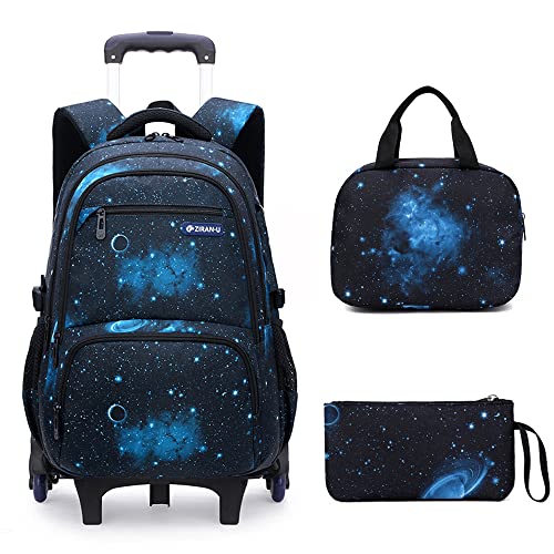 Mildame Galaxy Print Rolling Backpack for School Boys Girls with Lunch Bag Teens Bookbag with Wheels Kids Trolley Bag Set, Six Wheels - color: Black&Blue Starry Sky Set-6 Wheels