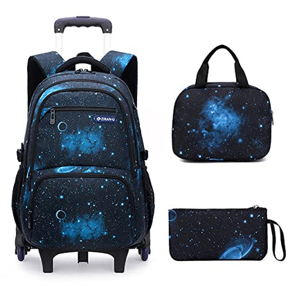 Mildame Galaxy Print Rolling Backpack for School Boys Girls with Lunch Bag Teens Bookbag with Wheels Kids Trolley Bag Set, Six Wheels - color: Black&Blue Starry Sky Set-6 Wheels
