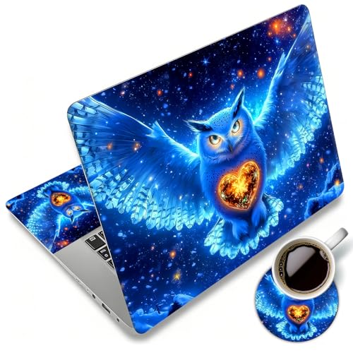Laptop Skin Sticker Decal 12"-15.6" Universal Laptop/Notebook/Netbook Vinyl - Waterproof Scratch Resistant,Fits HP Dell Lenovo MacBook,2 Free Wrist Pads,Easy Apply & Remove,Blue Glitter Owl - color: Blue Glitter Owl