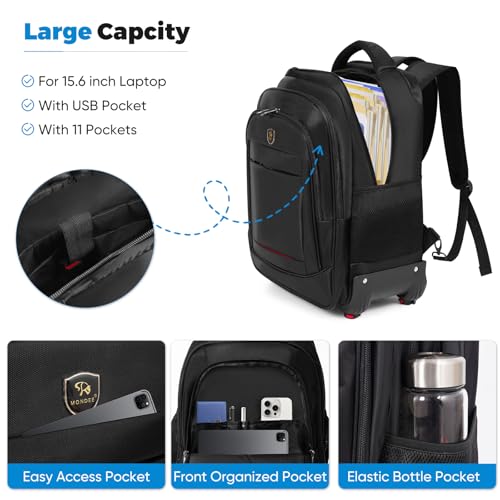 360° rotating Water Resistant Rolling Backpack with 4 Removable Wheels for Adults,Airline Approved Carry on Luggage Fit 15.6 Inch Laptop Travel Backpack with USB Charging Port