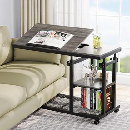 Tribesigns Height Adjustable C Table with Wheels, Mobile Couch Snack Side Table with Tiltable Drawing Board, Sofa Bedside Laptop Stand C Shaped TV Tray with Storage Shelves (Grey) - color: Grey+black