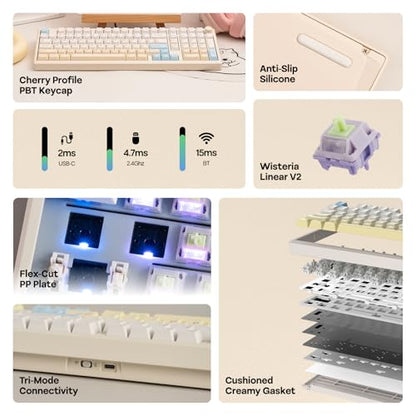 EPOMAKER Galaxy100 Lite QMK/VIA Gaming Keyboard with 8000mAh Battery | 1800 Aluminum Mechanical Keyboard with Numpad, USB-C/BT/2.4Ghz, Hot-Swap, Creamy Sound (Creamy White, Wisteria Linear Switch) - color: Creamy White, size: Wisteria Linear Switch