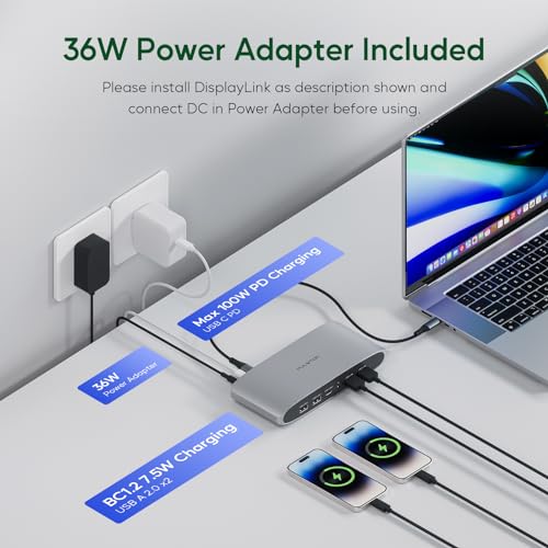 Displaylink Docking Station, Triple Display DisplayLink Dock for MacBook M1/M2/M3 Windows, 4K@60Hz Laptop Docking Station with 2 HDMI, 2 Display Port, PD, USB C Data, 4 USBA, Ethernet, Audio - size: 14-in-1 Displaylink docking station