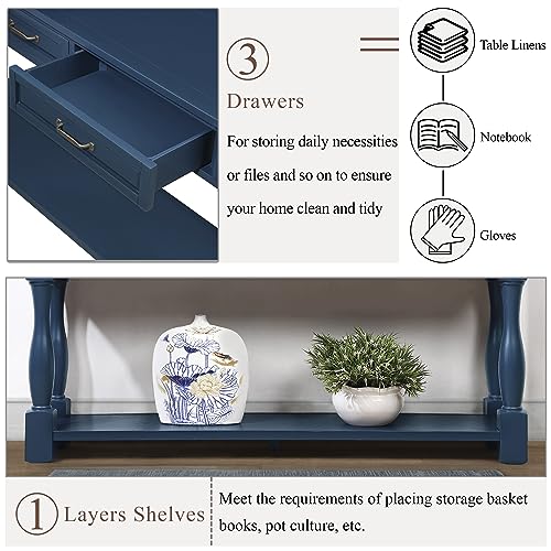 63.4"Solid Wood Console Table with Drawers,Sofa Table,Entryway Table | Navy Blue Console Table with 3 Drawers and Bottom Shelf;Solid Wood Narrow Sofa Table for Hallway,Foyer,Easy Assembled - color: Blue