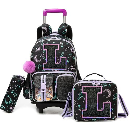 HTgroce Cute Rolling Backpack with Wheel,School Backpack for Kids Girl Roller Schoolbag Wheeled Backpacks Set Carry-on Luggage,Black L - color: Black, style: L