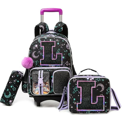 HTgroce Cute Rolling Backpack with Wheel,School Backpack for Kids Girl Roller Schoolbag Wheeled Backpacks Set Carry-on Luggage,Black L - color: Black, style: L