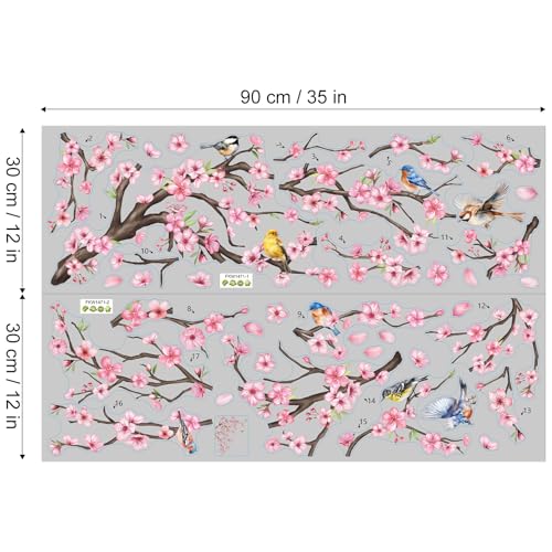 Vinyl Pink Cherry Blossom Trees Wall Decals Birds Peel and Stick Wall Stickers for Bedroom Living Room Bathroom - color: Pink Sakura