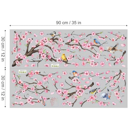 Vinyl Pink Cherry Blossom Trees Wall Decals Birds Peel and Stick Wall Stickers for Bedroom Living Room Bathroom - color: Pink Sakura
