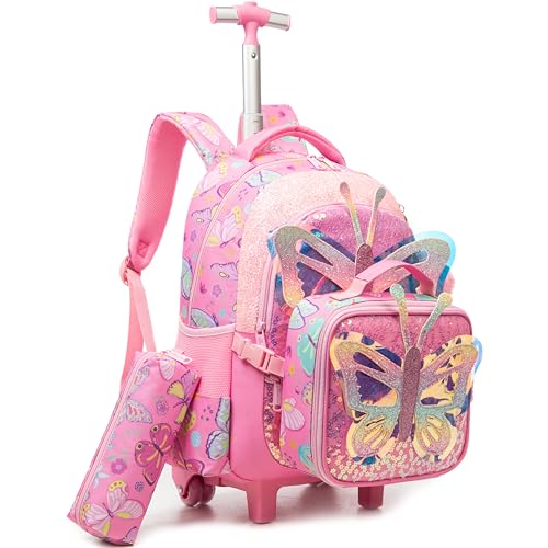 Meetbelify Rolling Backpack for Girls Backpacks with Wheels for Elementary Preschool Students 3 in 1 Carry on Travel Luggage Kids Suitcase with Lunch Box Pencil Case for Girls Age 8-10 - color: Butterfly 02