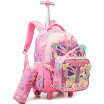 Meetbelify Rolling Backpack for Girls Backpacks with Wheels for Elementary Preschool Students 3 in 1 Carry on Travel Luggage Kids Suitcase with Lunch Box Pencil Case for Girls Age 8-10 - color: Butterfly 02