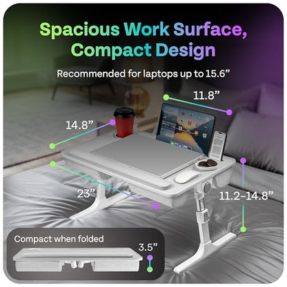 Lap Desk with Legs & Cushions: 2-in-1 Foldable Bed Desk for Adults - One-Touch Height Adjustment, Bed Table Tray Hold: up to 15.6“ Laptop, Mouse Cup Phone - Laptop Stand Desks for Bed (Gray) - color: Gray