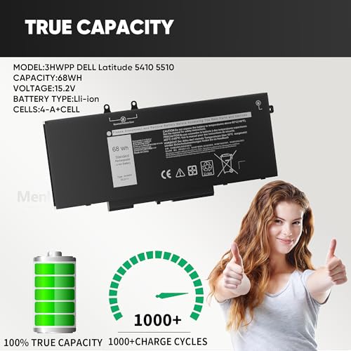 New 68Wh 3HWPP Laptop Battery Replacement for Dell Latitude 5410 5401 5510 5501 5511 5411 Precision 3541 3551 Inspiron 17 7500/7506 2-in-1 Inspiron 7706 2-in-1 Fits 10X1J N2NLL 1VY7F 451-BCMN 15.2V - size: 9.38 x 4.13 x 0.25 inches 3HWPP BATTERY