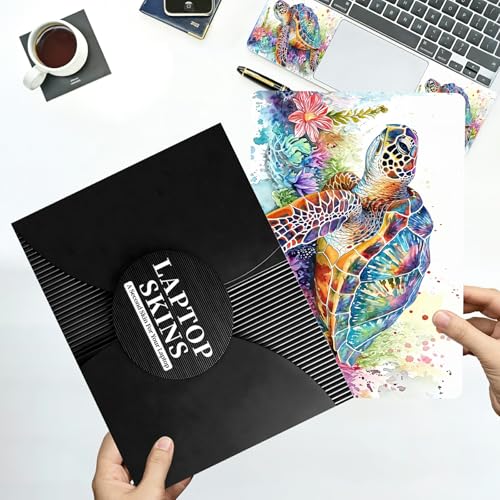 Universal Laptop Skin Sticker with 2 Wrist Pad Decals, 3-Piece Removable Vinyl Laptop Cover, Watercolor Turtle Waterproof Anti-Scratch, Easy-Trim Fit for 13.3" 14" 15.6" Laptops - color: Watercolor Turtle