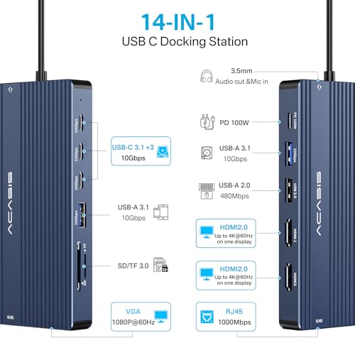 ACASIS USB C Docking Station Dual HDMI Monitor,14 in 1 Laptop Docking Station 3 Monitors, 2 * 4K HDMI+1080p VGA+100W PD+Ethernet+5*USB 3.1+SD/TF+Audio Adapter, USB C Hub for Dell/Lenovo/HP/ThinkPad - color: Grey