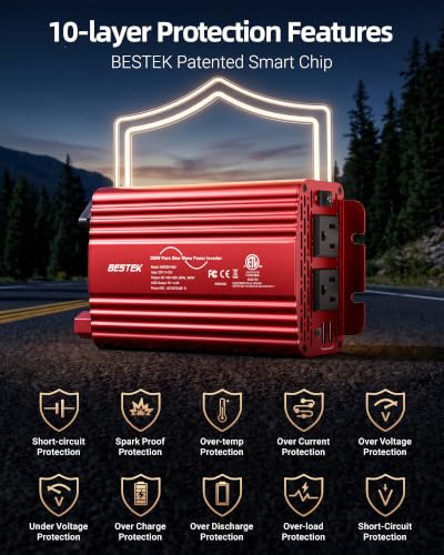 BESTEK 300Watt Pure Sine Wave Power Inverter - DC 12V to AC 110V Car Plug Inverter Adapter, Power Converter with 4.8A Dual USB Charging Ports and 2 AC Outlets Car Charger