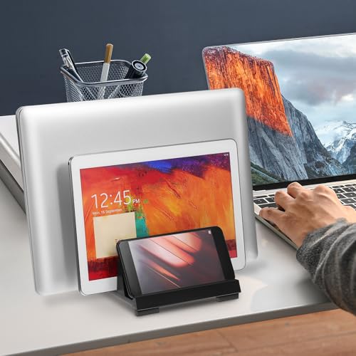 Laptop Vertical Stand Adjustable Laptop Holder with Dual Slots Padded Nonslip Storage Stand for Tablet Phone and Workspace Desk Organizer for Home Office