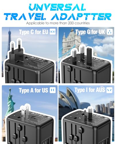 Universal Travel Adapter, 35W PD Fast Charging, for Europe UK US AU | 2 USB C 3 USB A & 2500W AC Outlet, International Power Adapter for 200+ Countries, Compatible with iPhone, MacBook,Tablet - color: PD35W-3A2C-black+silver