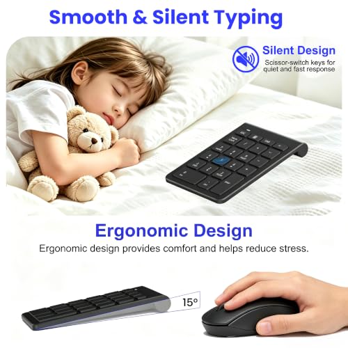 22 Keys Wireless Number Pad and Mouse-Black,2.4GHz Numeric Keypad with Mouse 3 Adjustable DPI,Financial Keypad and Mouse Combo for Data Entry and Accounting,Numpad Keypad Set for Laptop,Mac,Desktop,PC