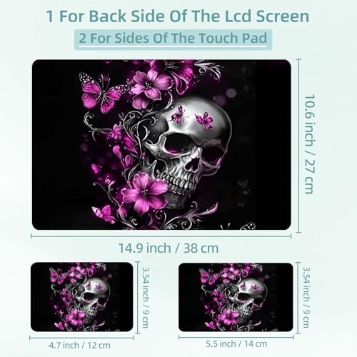 Universal Laptop Skin Decal, 3-Piece Vinyl Protector for 12 13 14 15.6" Notebook, Waterproof Anti-Scratch, Easy Trim & Bubble-Free Finish, Skull Purple Flowers - color: Skull Purple Flowers