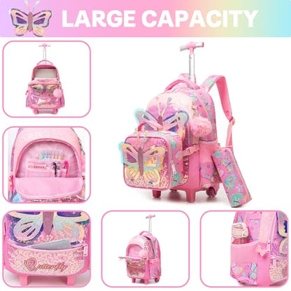 Meetbelify Rolling Backpack for Girls Backpacks with Wheels for Elementary Preschool Students 3 in 1 Carry on Travel Luggage Kids Suitcase with Lunch Box Pencil Case for Girls Age 8-10 - color: Butterfly 02
