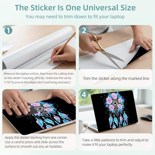 Universal Laptop Skin Decal, 3-Piece Vinyl Protector for 12 13 14 15.6" Notebook, Waterproof Anti-Scratch, Easy Trim & Bubble-Free Finish, Dreamcatcher with Pink Roses - color: Dreamcatcher with Pink Roses