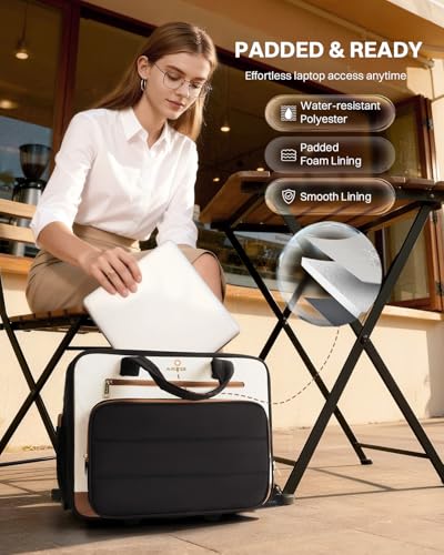Rolling Laptop Bag Women,Puffer Rolling Briefcase, 16 inch Wheeled Laptop Bag,Stylish Overnight Underseat Water Resistant Carry On Luggage with Wheels for Work Travel Business,Ribbed Beige Brown - color: Ribbed Beige Brown