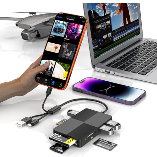 Memory Stick Pro Duo Card Reader, 8-in-1 Memory Card Reader for SD/TF/MS/CF/XD Cards, with 3 USB 2.0 Ports, iPhone/USB-C/USB-A Adapter for Phone, Tablet, Laptop and Computer