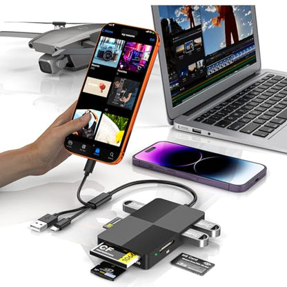 Memory Stick Pro Duo Card Reader, 8-in-1 Memory Card Reader for SD/TF/MS/CF/XD Cards, with 3 USB 2.0 Ports, iPhone/USB-C/USB-A Adapter for Phone, Tablet, Laptop and Computer