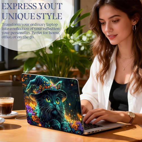 Universal Laptop Skin Sticker Decal,15.6 Inch Laptop Vinyl Cover for 13" 14" 15.6" Laptop,Scratch-Resistant Waterproof Protector Wrap,Reusable with Wrist Pads,Witch Hat Cat - color: Witch Hat Cat