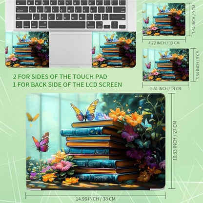 Laptop Skin Sticker Decal, Universal Protective Cover Fit 12 13 14 15.6 Inch Notebook, Reusable Water-Resistant Vinyl Decal w/ 2 Wrist Pads for Business Travel Office, Book Butterfly Flowers - color: Book Butterfly Flowers