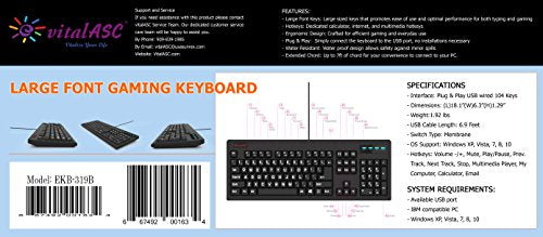 New 104-Key Large Print USB Wired 7ft, Spill-Resistant, Sleek Black, Durable Keyboard for Laptop, Mac, TV, and Computer (Black) - color: Black