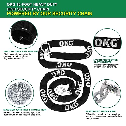 OKG Extra Long Security Chain - 10-Foot x 3/8" Thick Heavy Duty, Eco-Zinc Plated - Uncuttable for Outdoor & Indoor Use - Bike & Motorcycle Lock Chain - For Two+ 2-Wheeled Vehicles