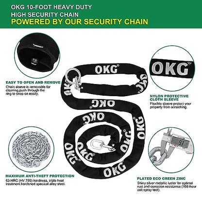 OKG Extra Long Security Chain - 10-Foot x 3/8" Thick Heavy Duty, Eco-Zinc Plated - Uncuttable for Outdoor & Indoor Use - Bike & Motorcycle Lock Chain - For Two+ 2-Wheeled Vehicles