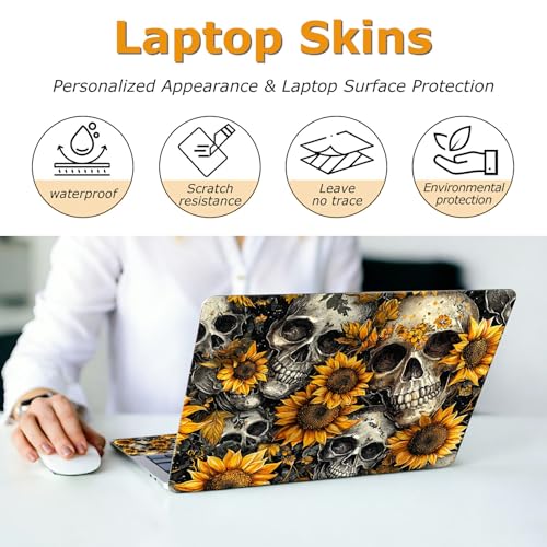 Universal Laptop Skin Sticker with 2 Wrist Pad Decals, 3-Piece Removable Vinyl Laptop Cover, Sunflower Skulls Waterproof Anti-Scratch, Easy-Trim Fit for 13.3" 14" 15.6" Laptops - color: Sunflower Skulls